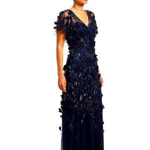 Theia flutter sleeve floral appliqué gown